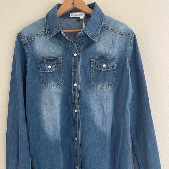 AVA COSTUME Dark Blue 100% Cotton Denim Shirt: New with Tags; LARGE (P2P is 21") - Picture 1 of 5